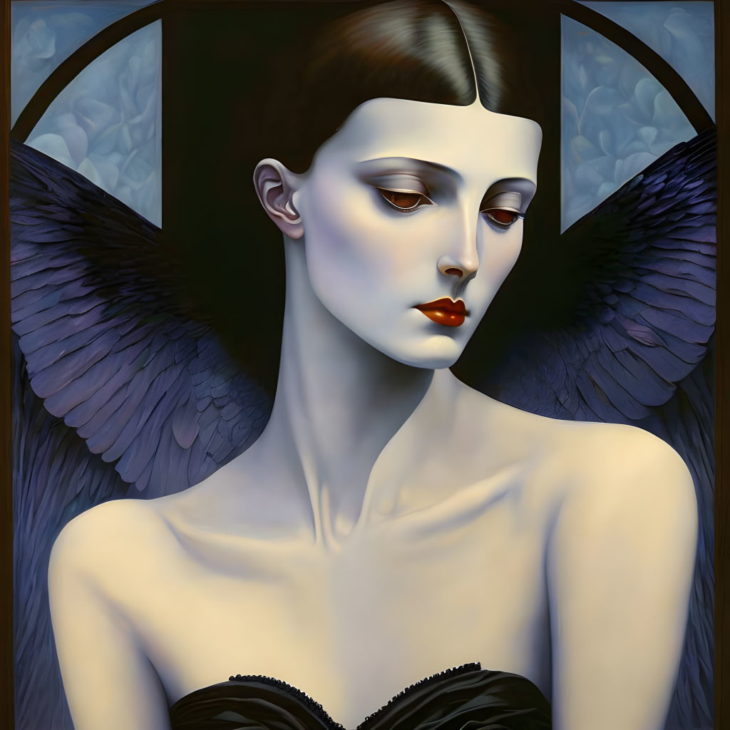 Pale woman with dark hair in black dress and wings on blue background