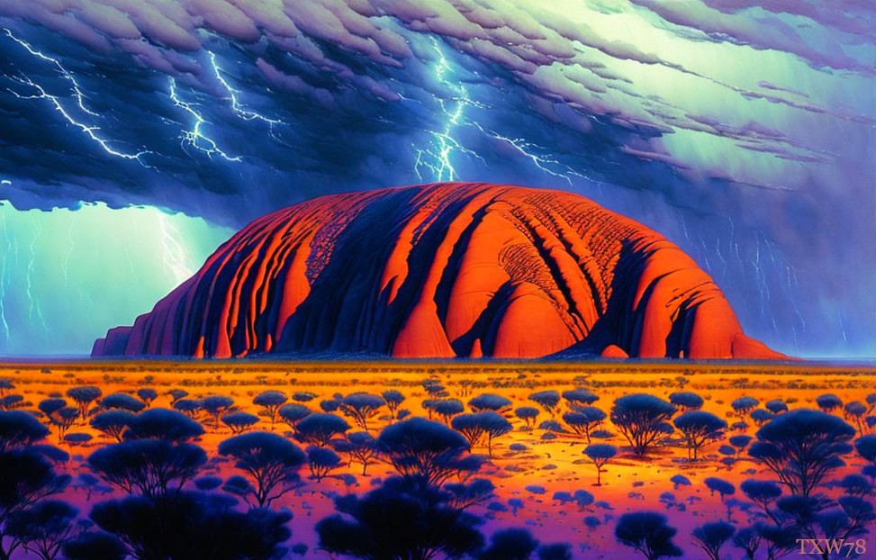 Uluru illustration: Lightning sky, warm desert hues