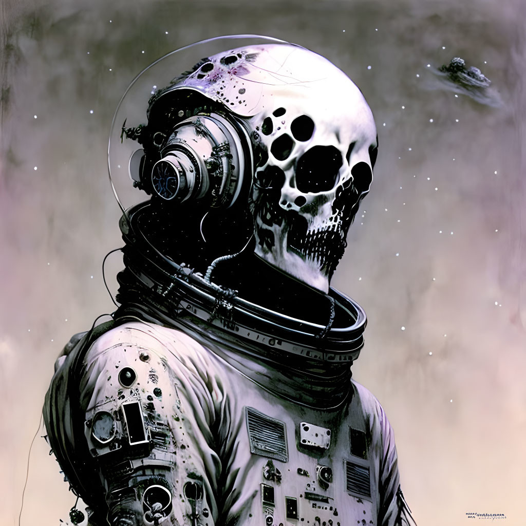 Skull-headed astronaut in detailed space suit with somber sci-fi theme