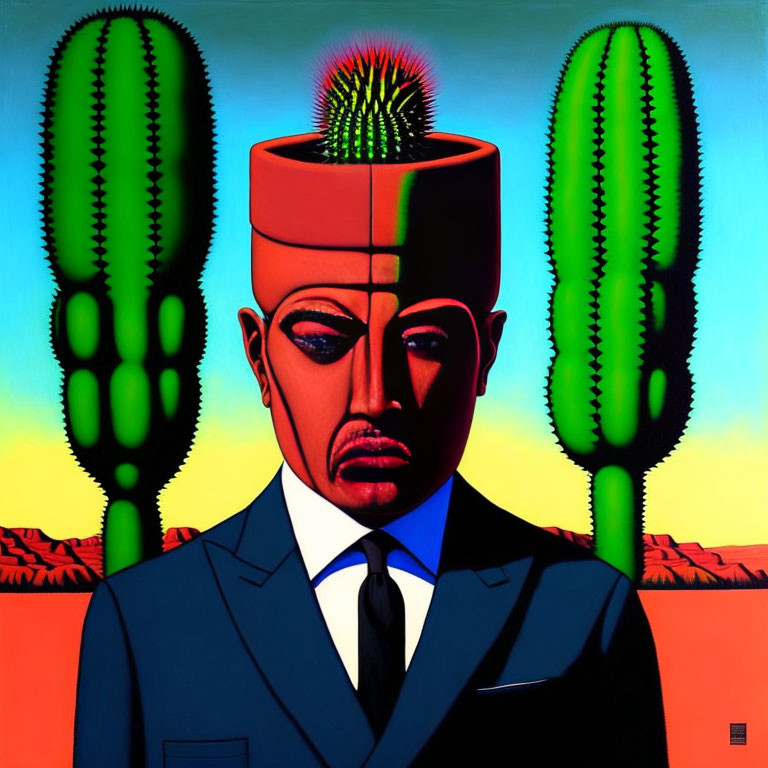 Surreal portrait of man with cactus head and vibrant backdrop