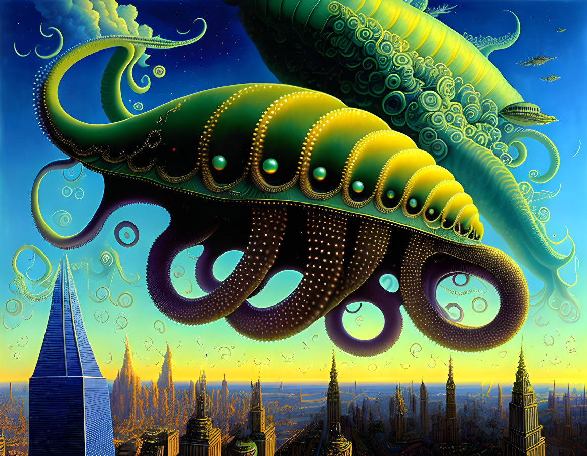 Surreal painting: Giant octopus tentacles over futuristic cityscape