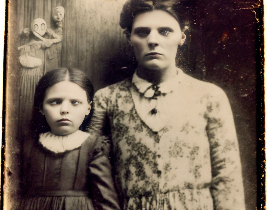 Sepia-Toned Vintage Photo of Woman and Girl with Masks