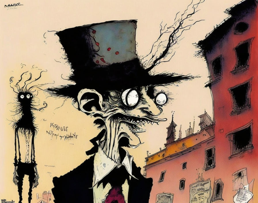 Tall, Thin Man Caricature in Top Hat & Suit on Quirky European Street