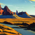 Red Rock Formations, River, and Flying Ships in Futuristic Landscape