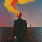 Man in suit with head on fire confronts figure in barren twilight landscape