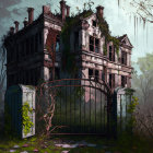 Abandoned mansion with ivy, rusted gate, misty woods