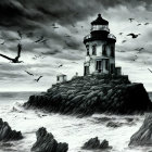 Ominous lighthouse on rocky outcrop amid stormy seas