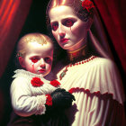 Woman and child in ornate attire against red backdrop