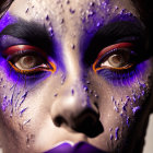 Detailed close-up of person with dramatic purple makeup and bright red eyes.