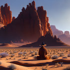 Person in Hat Meditating in Vast Desert with Red Rock Formations