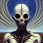 Surreal painting of skull with horns and tree-like neck tendrils against swirling sky