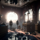 Dilapidated vintage room with mannequins in suits and dusty atmosphere