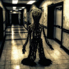 String-like Figure with Lantern in Eerie Corridor