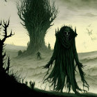 Fantasy landscape with cloaked figure, mask, eerie trees, and flying creatures