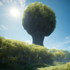 Silhouette of head with grass and trees against sunny landscape.