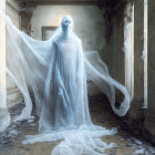 Ghostly figure in white sheet in dilapidated room