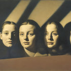 Progression of five female faces in profile to frontal view with diagonal shadows on earth-toned background