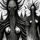 Monochrome artwork: Ominous tree-like beings in Gothic landscape