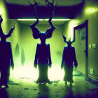 Silhouetted figures with antler-like projections in eerie green hallway