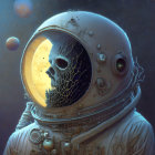 Skull-faced astronaut gazes at golden planet in surreal space scene