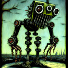 Menacing tall robot with spindly limbs in gloomy landscape