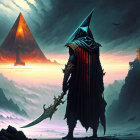 Cloaked Figure with Ornate Helmet and Sword in Mystical Landscape