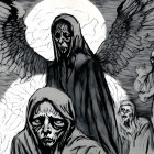 Monochrome illustration: central figure in dark robes with large wings, surrounded by cloaked figures under full