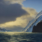 Sailing ships in icy waters between snow-covered cliffs at sunset