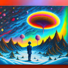 Colorful painting: person in surreal landscape with spherical trees, swirling black hole.