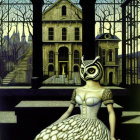 Anthropomorphic owl in vintage dress by spooky mansion at twilight