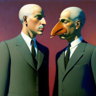 Stylized figures with exaggerated features in suits against gradient backdrop