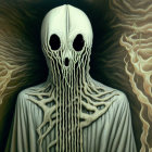 Surreal painting of figure with white mask in intricate garment against smoky background