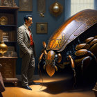 Man in Vintage Room Admiring Giant Beetle