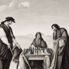 Figures in cloaks play chess by the sea with skull-faced player, ship in background