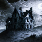 Spooky abandoned house under full moon and swirling clouds