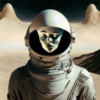 Astronaut in reflective helmet on alien landscape with towering mountains