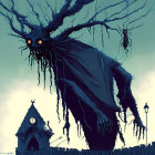 Glowing-eyed tree creature with clock tower and flying insect in dusky sky