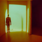 Glowing humanoid figure in dimly lit corridor with warm hues