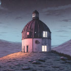 Isolated observatory under twilight sky with visible moon in snowy landscape