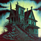 Eerie Victorian house on hill under dark clouds