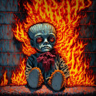 Skull-faced doll with red eyes in fiery background wearing striped outfit