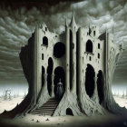 Surreal painting of gothic castle with spire-like structures