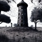 Dilapidated lighthouse in stormy setting with birds