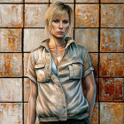 Blonde Woman in Beige Shirt Against Rusty Tiled Wall