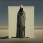 Draped Figure with Hooded Face Before Blank Canvas