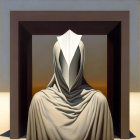 Abstract painting: Draped figure without head, seated by square frame on dual-tone background