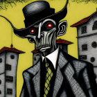 Stylized skeletal figure in suit and top hat with red glowing eyes and crooked houses backdrop