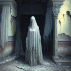 Eerie spectral figure in tattered cloak in dilapidated room