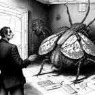 Monochrome illustration: man in suit confronts intricate-winged beetle in paper-strewn room