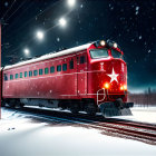 Red train with star emblem in snowy night landscape